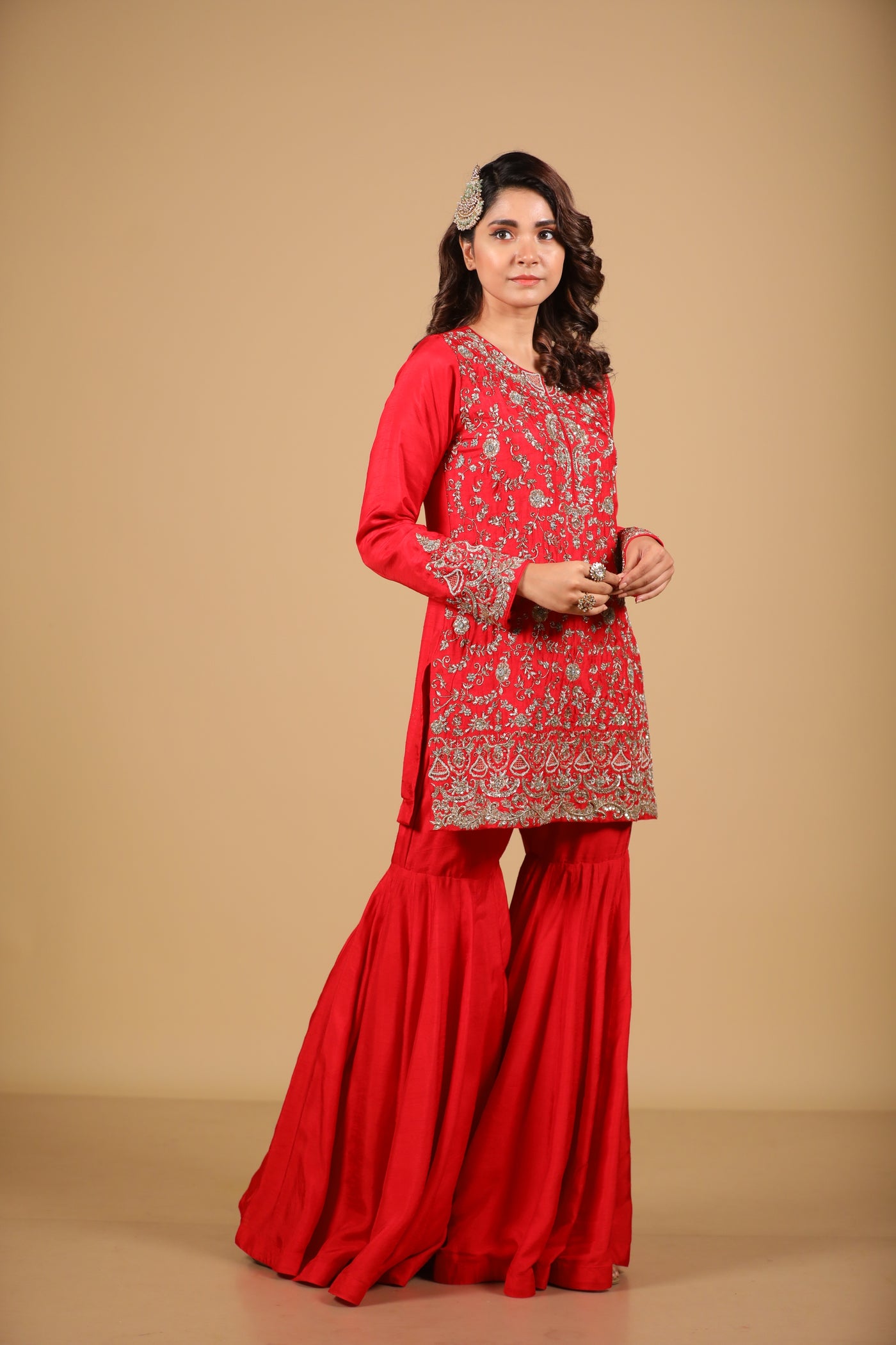 Red Embroidered Sharara Set