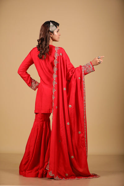 Red Embroidered Sharara Set