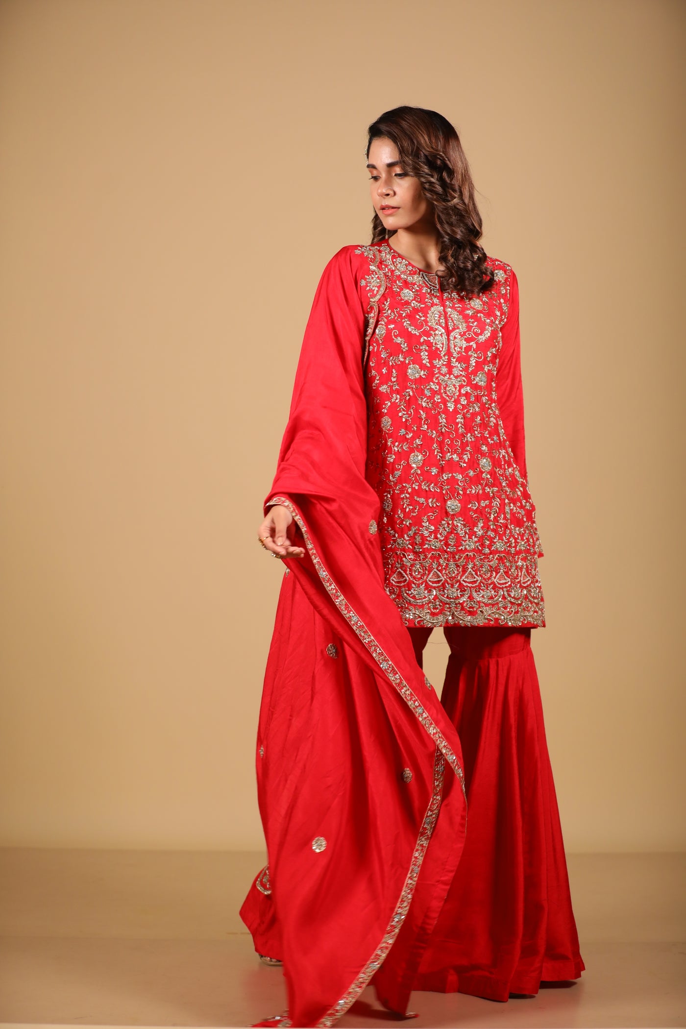 Red Embroidered Sharara Set