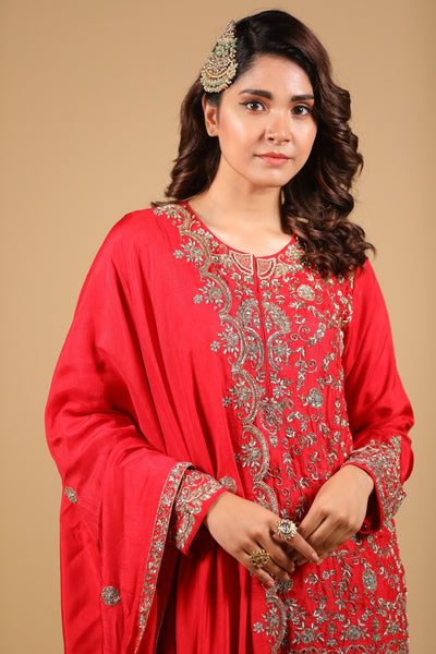 Red Embroidered Sharara Set