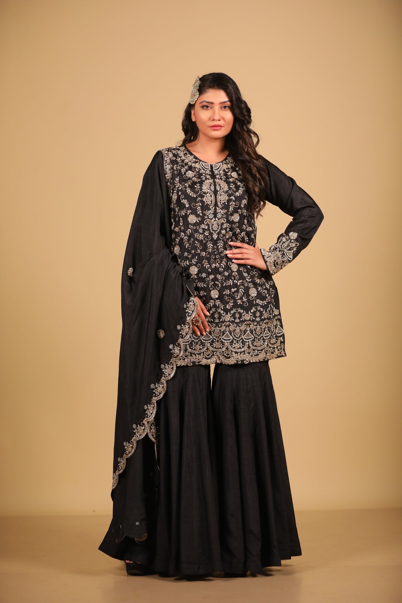 Black Embroidered Sharara Set