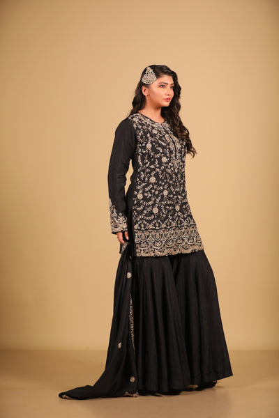 Black Embroidered Sharara Set