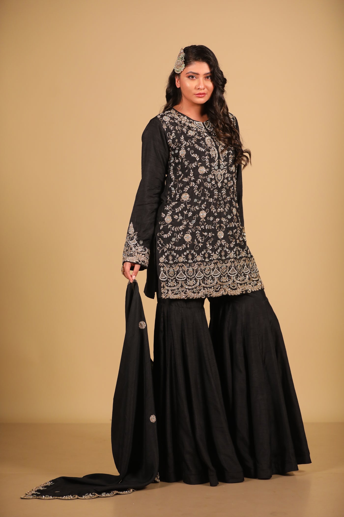 Black Embroidered Sharara Set