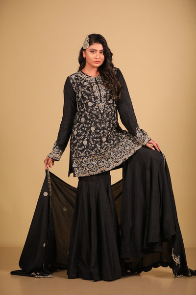 Black Embroidered Sharara Set