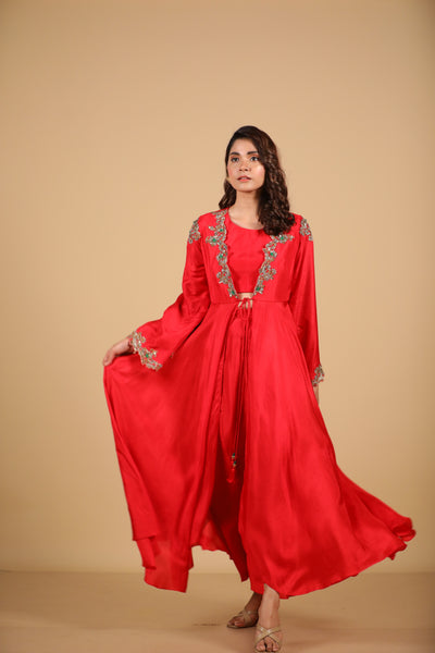 Red Embroidered Cape Set