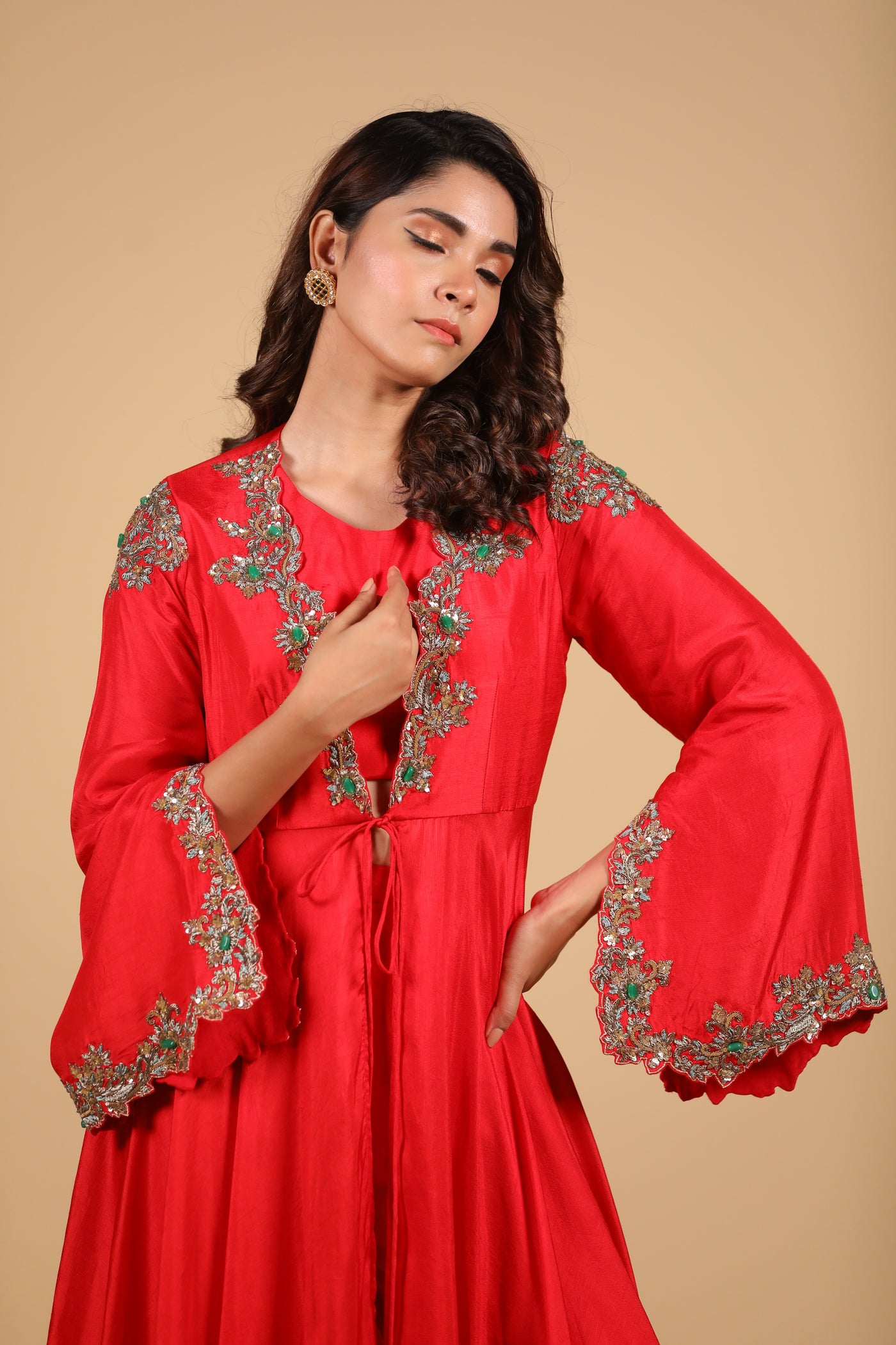 Red Embroidered Cape Set