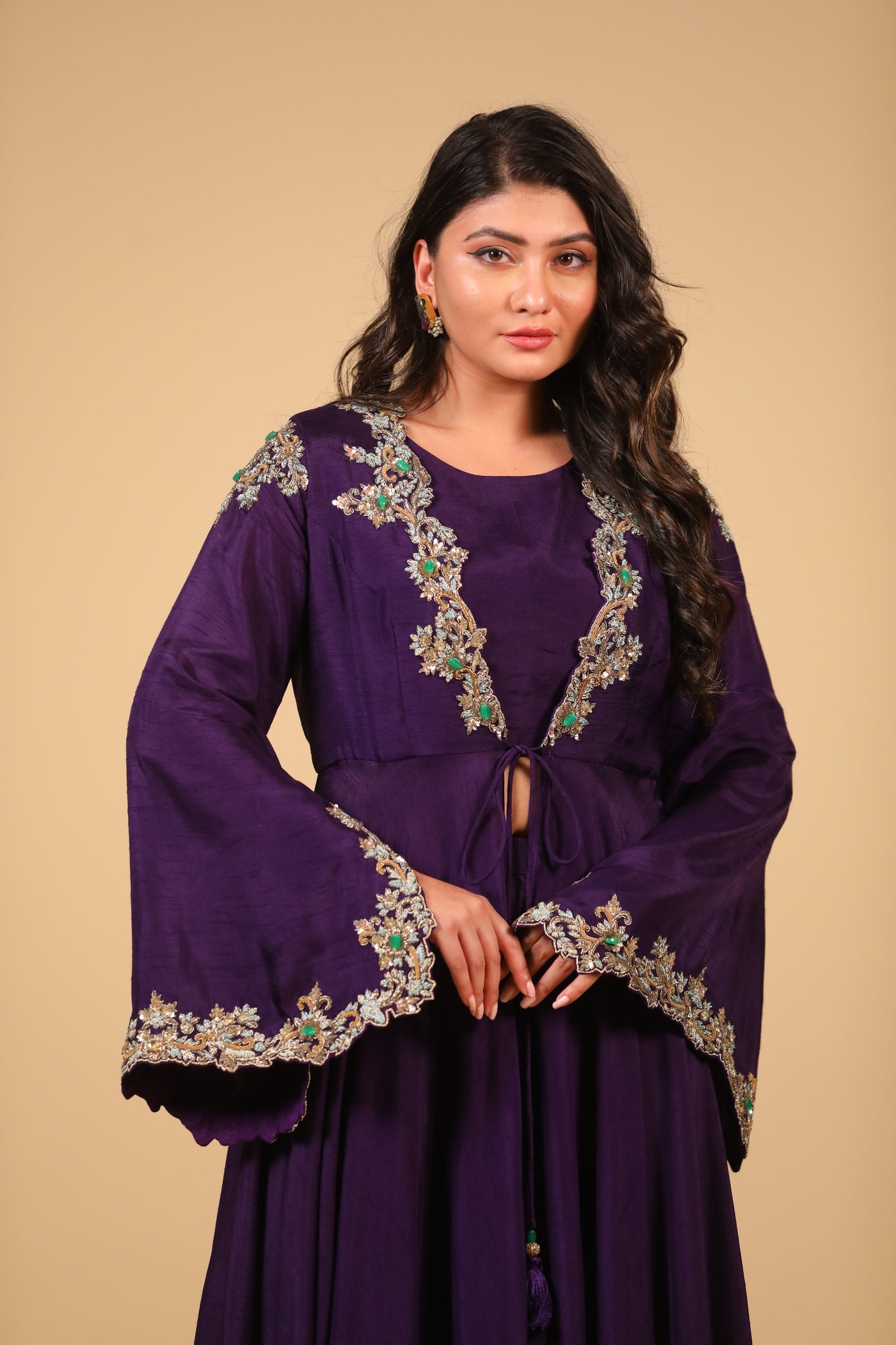 Purple Embroidered Cape Set