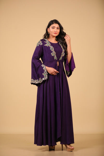 Purple Embroidered Cape Set