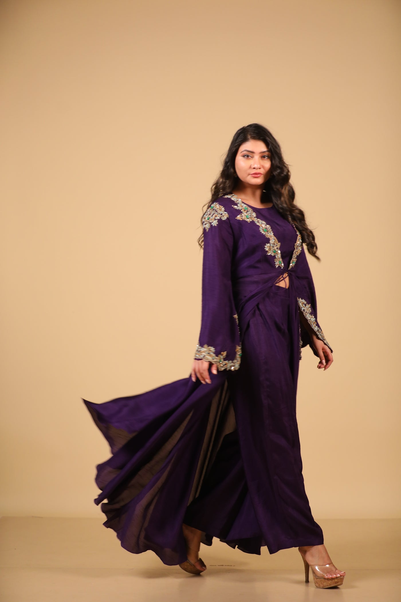 Purple Embroidered Cape Set