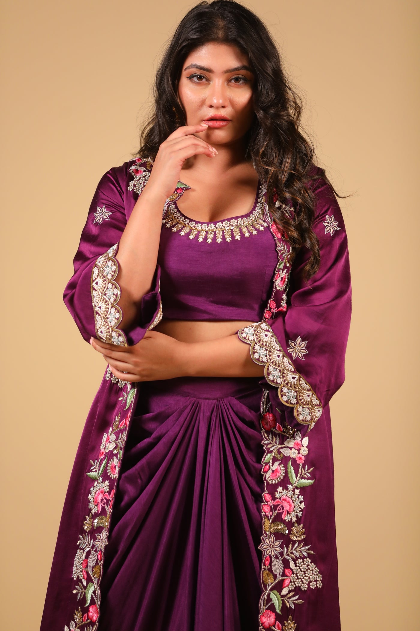 Purple Heavy Embroidered Jacket with Skirt