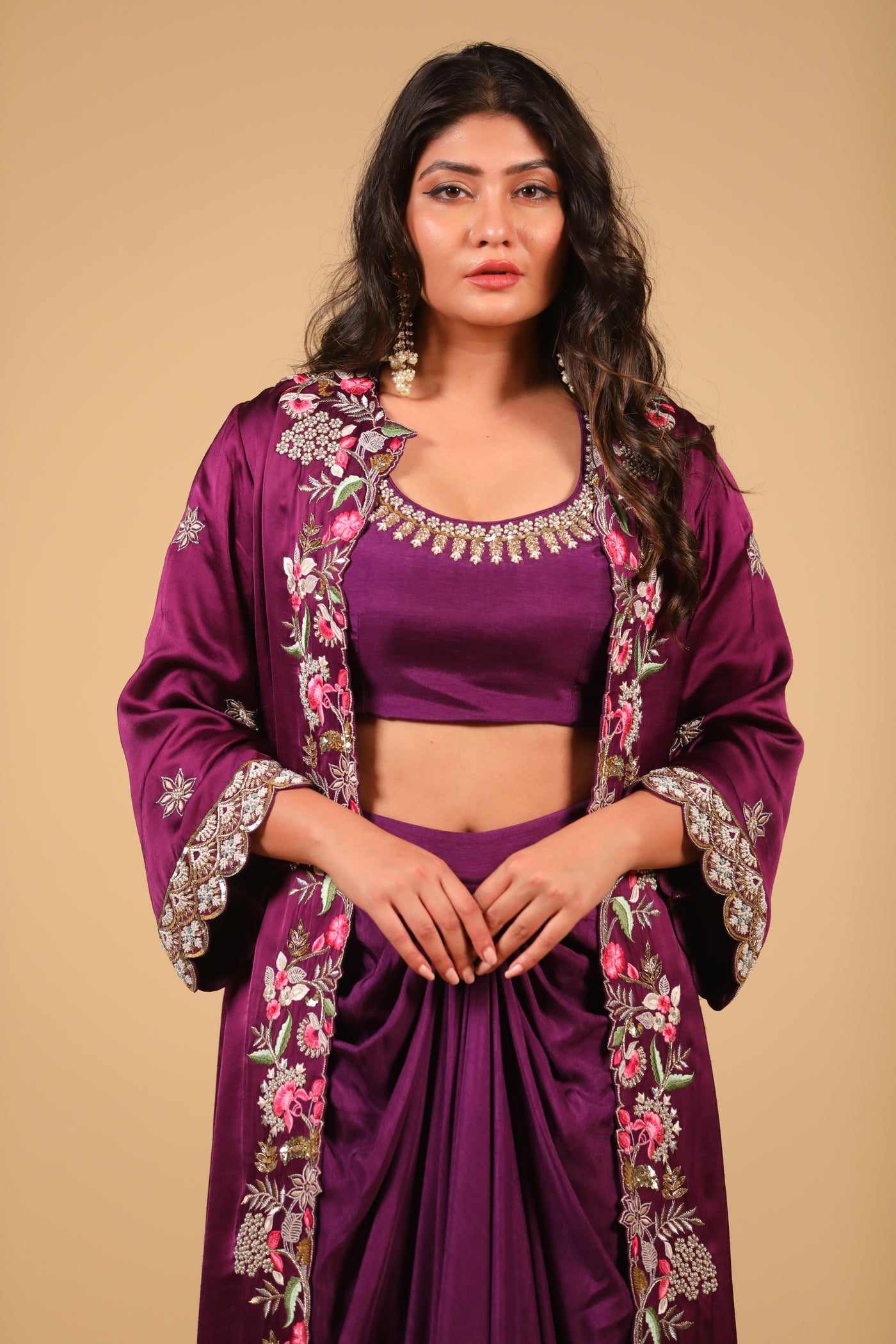 Purple Heavy Embroidered Jacket with Skirt