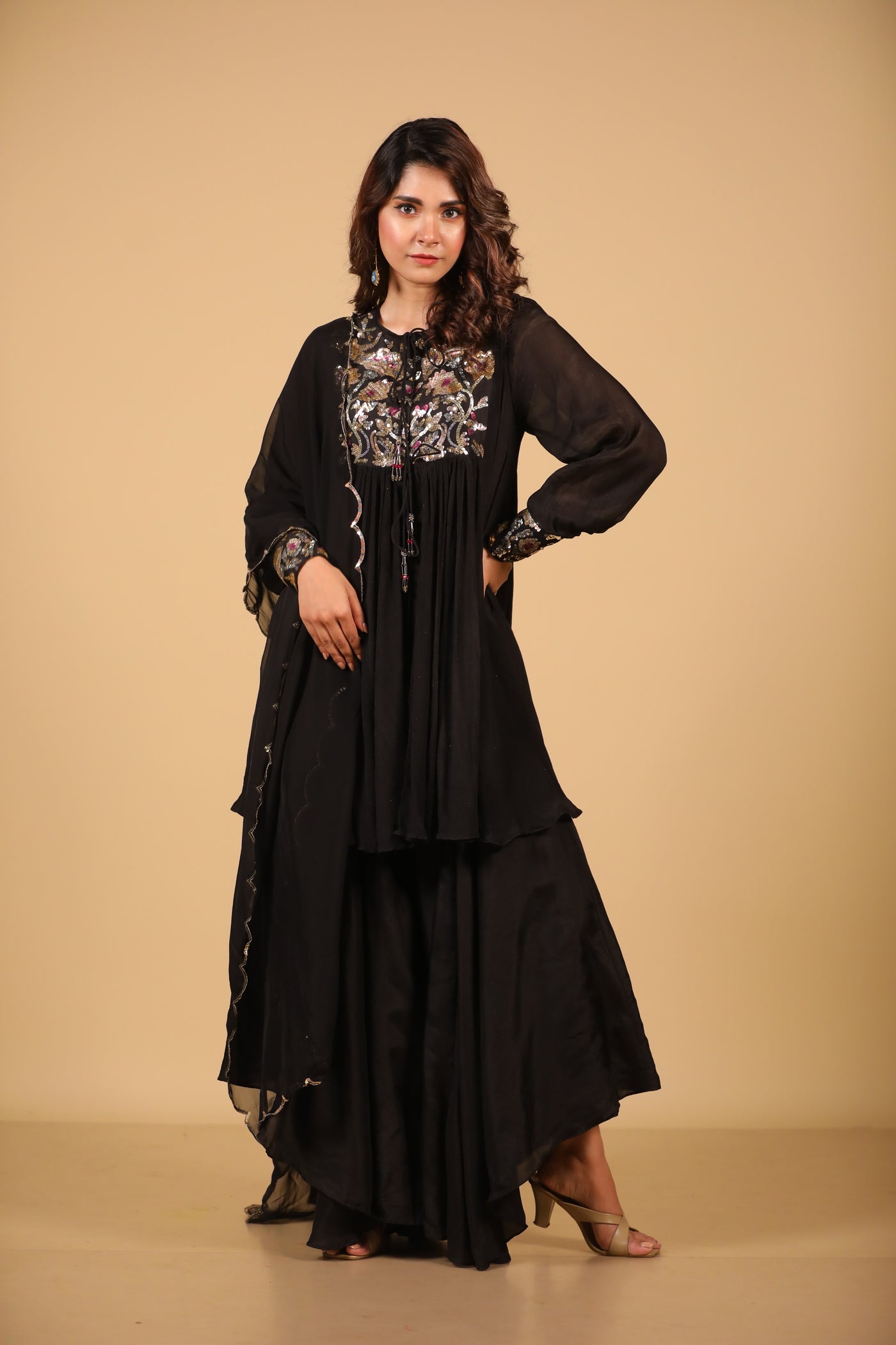 Black Sequence Sharara Set