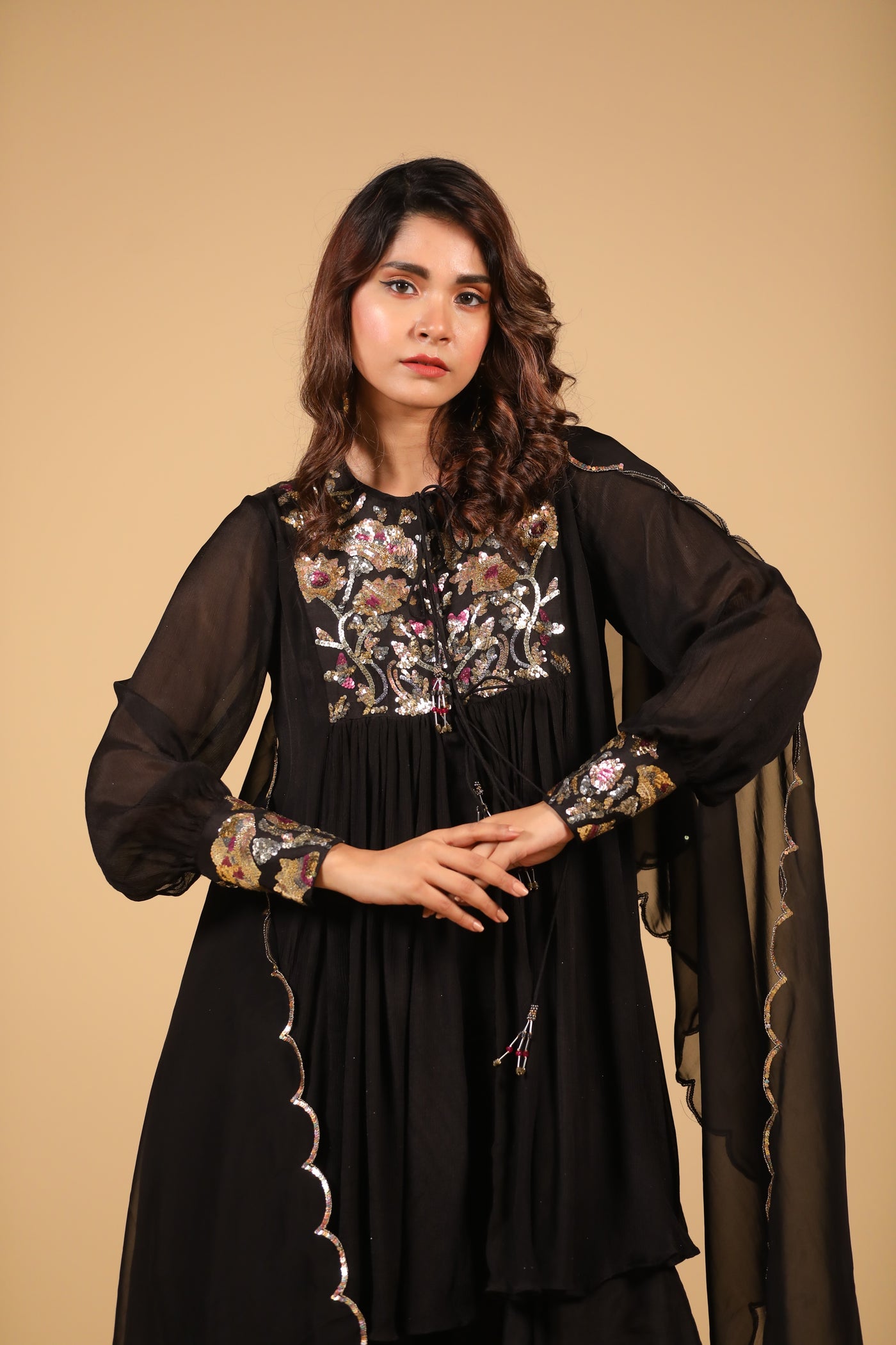 Black Sequence Sharara Set