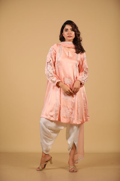 Peach Cutwork Suit Set With Dhoti