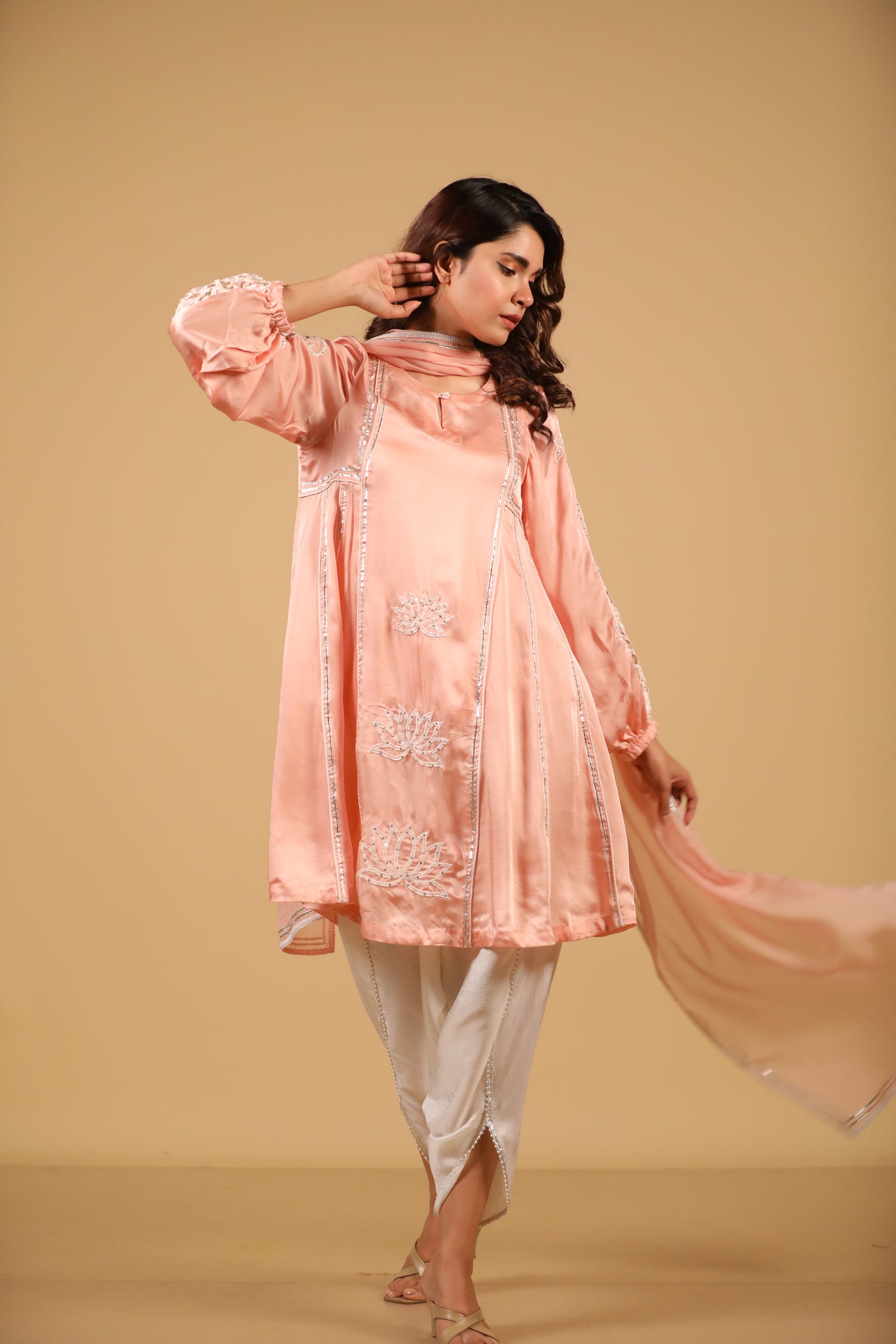 Peach Cutwork Suit Set With Dhoti