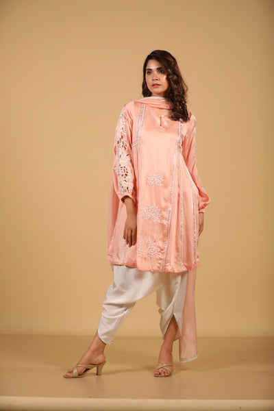 Peach Cutwork Suit Set With Dhoti