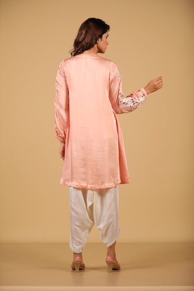 Peach Cutwork Suit Set With Dhoti