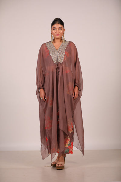 Brown Organza Kaftan With Printed Co Ords