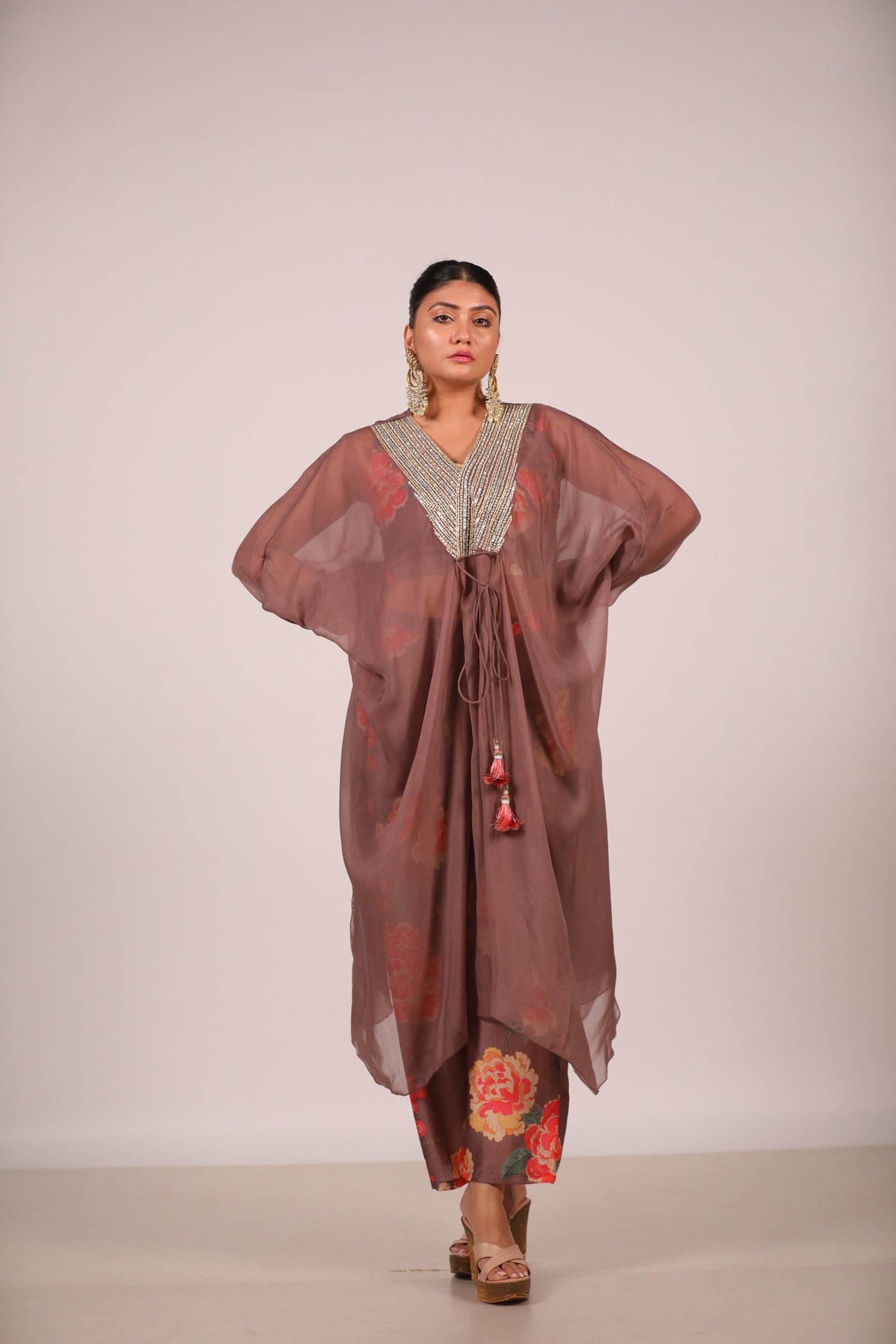 Brown Organza Kaftan With Printed Co Ords