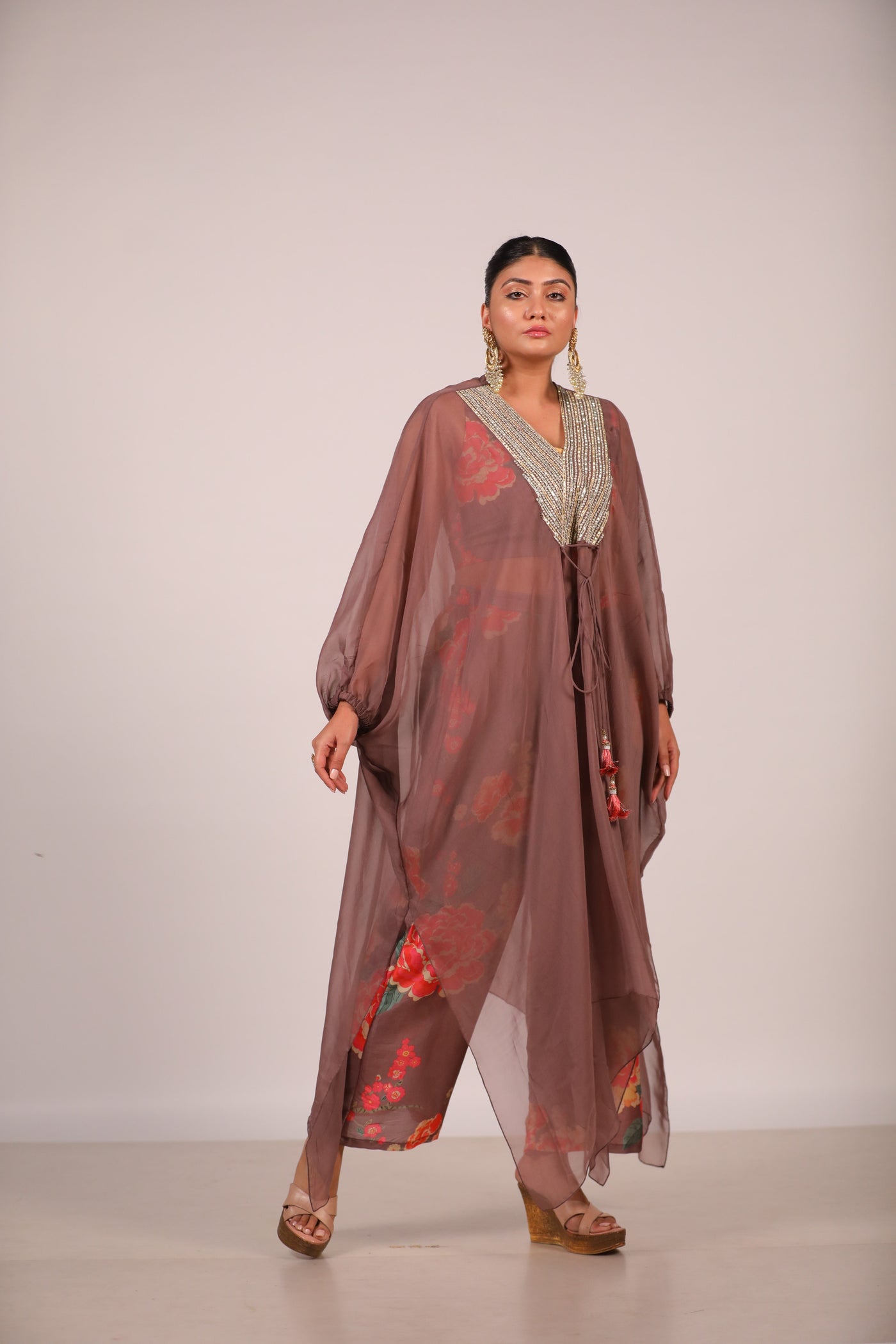 Brown Organza Kaftan With Printed Co Ords