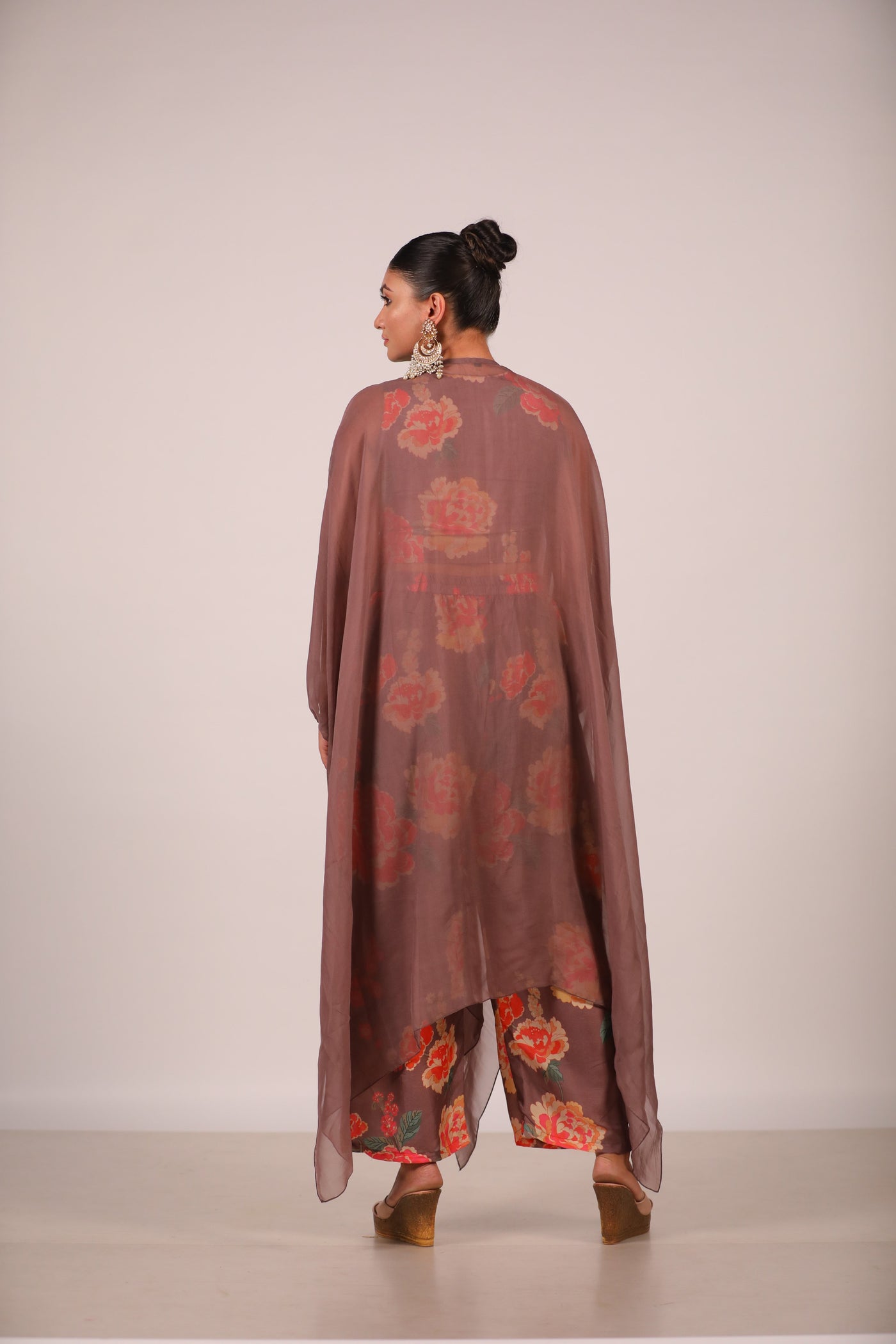 Brown Organza Kaftan With Printed Co Ords