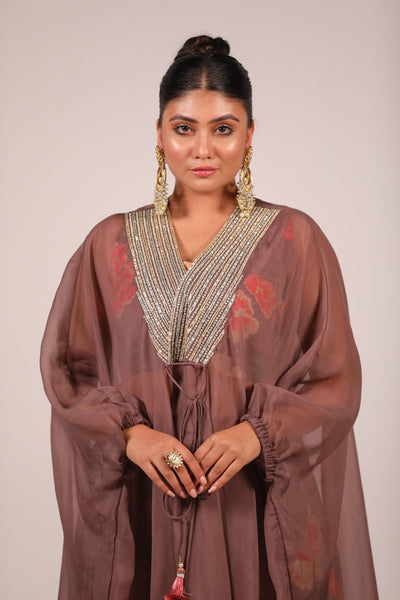 Brown Organza Kaftan With Printed Co Ords