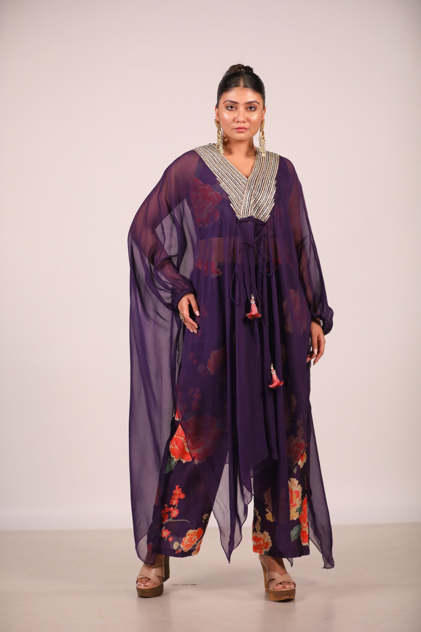 Purple Organza Kaftan With Printed Co Ords