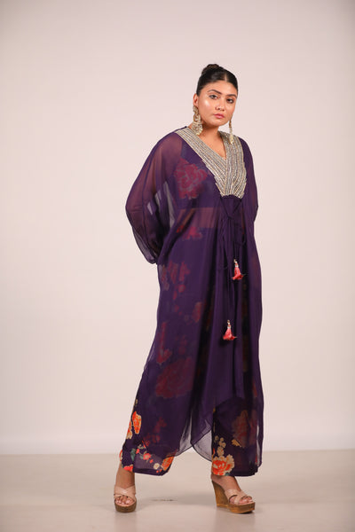 Purple Organza Kaftan With Printed Co Ords