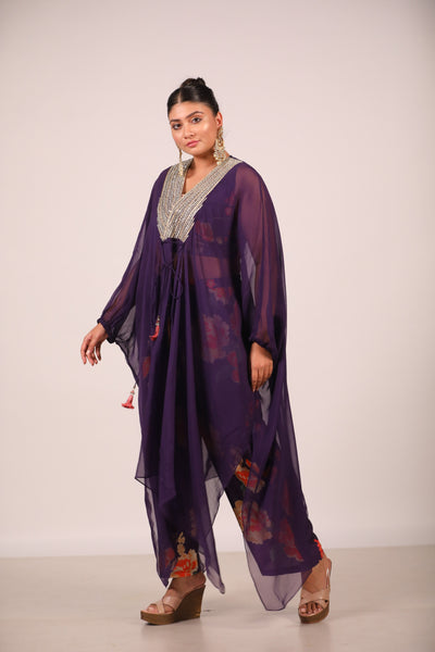 Purple Organza Kaftan With Printed Co Ords