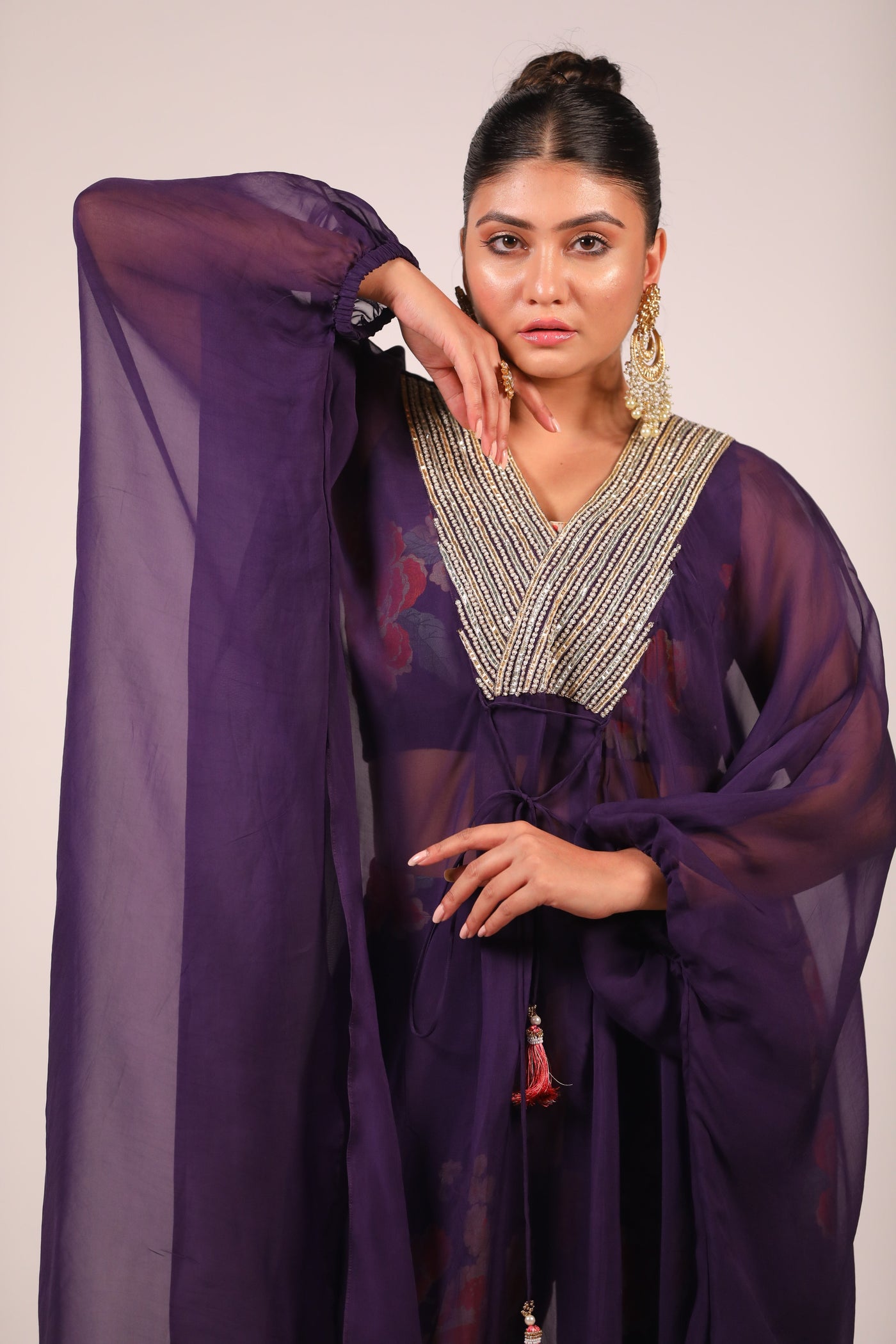 Purple Organza Kaftan With Printed Co Ords