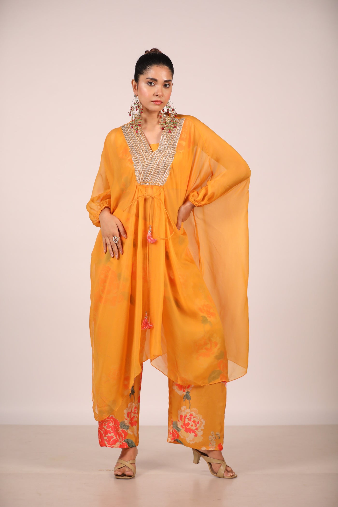 Mustard Organza Kaftan With Printed Co Ords