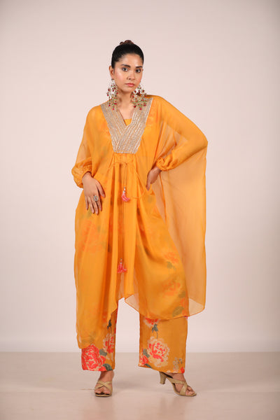 Mustard Organza Kaftan With Printed Co Ords