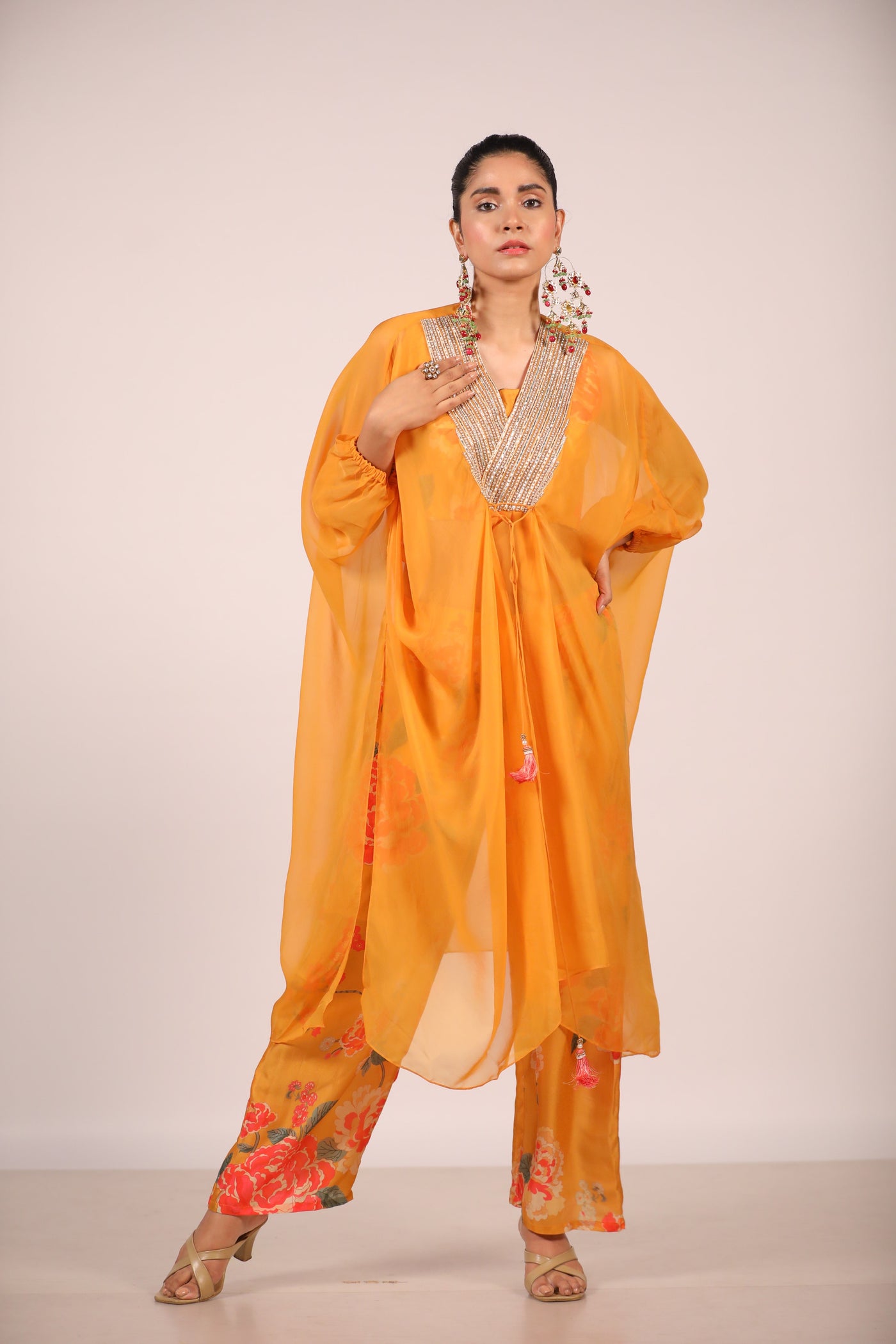 Mustard Organza Kaftan With Printed Co Ords