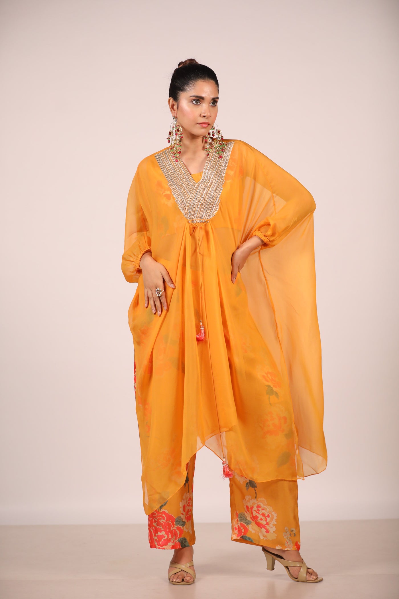 Mustard Organza Kaftan With Printed Co Ords