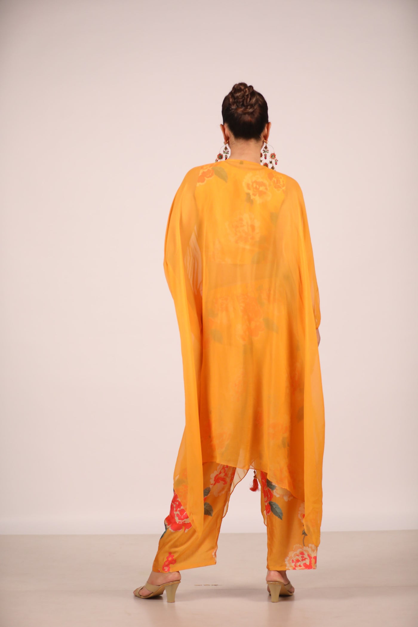 Mustard Organza Kaftan With Printed Co Ords