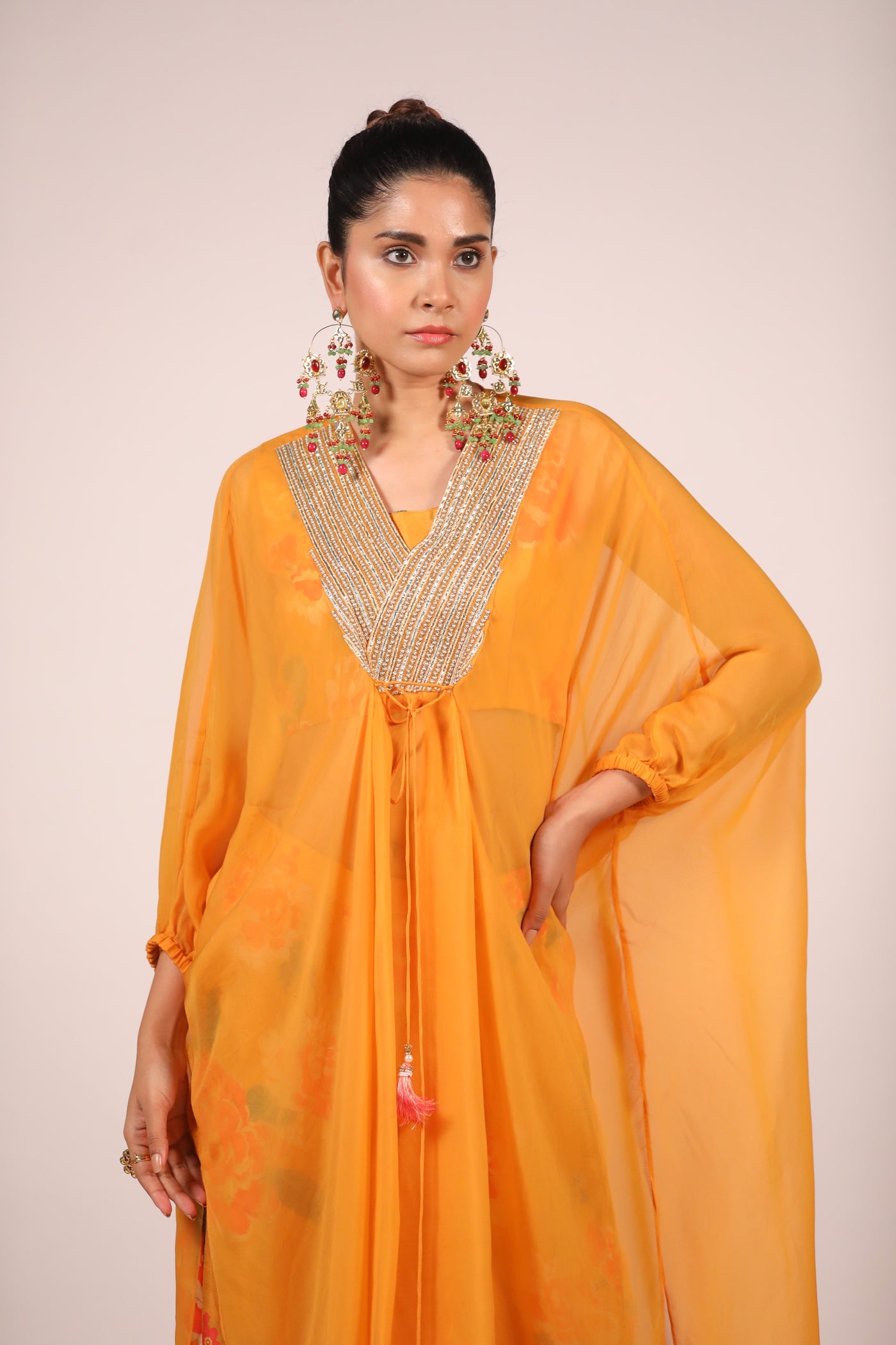 Mustard Organza Kaftan With Printed Co Ords