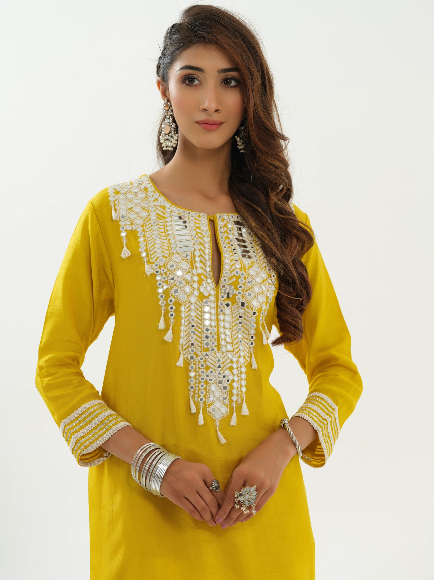 Yellow Mirror Work Tunic & Afghan Salwar