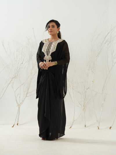 Black Embroidered Kaftan Top & Drape Skirt