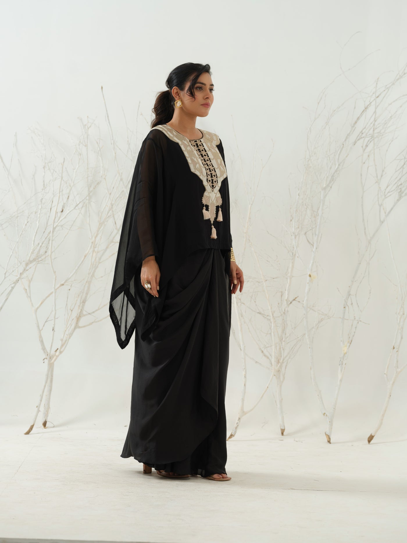 Black Embroidered Kaftan Top & Drape Skirt