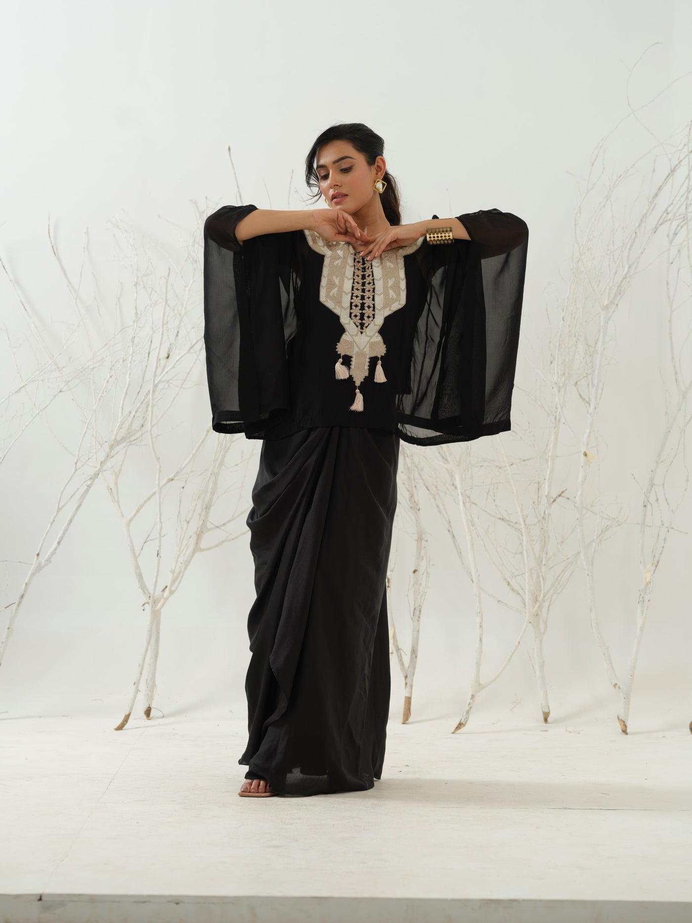 Black Embroidered Kaftan Top & Drape Skirt