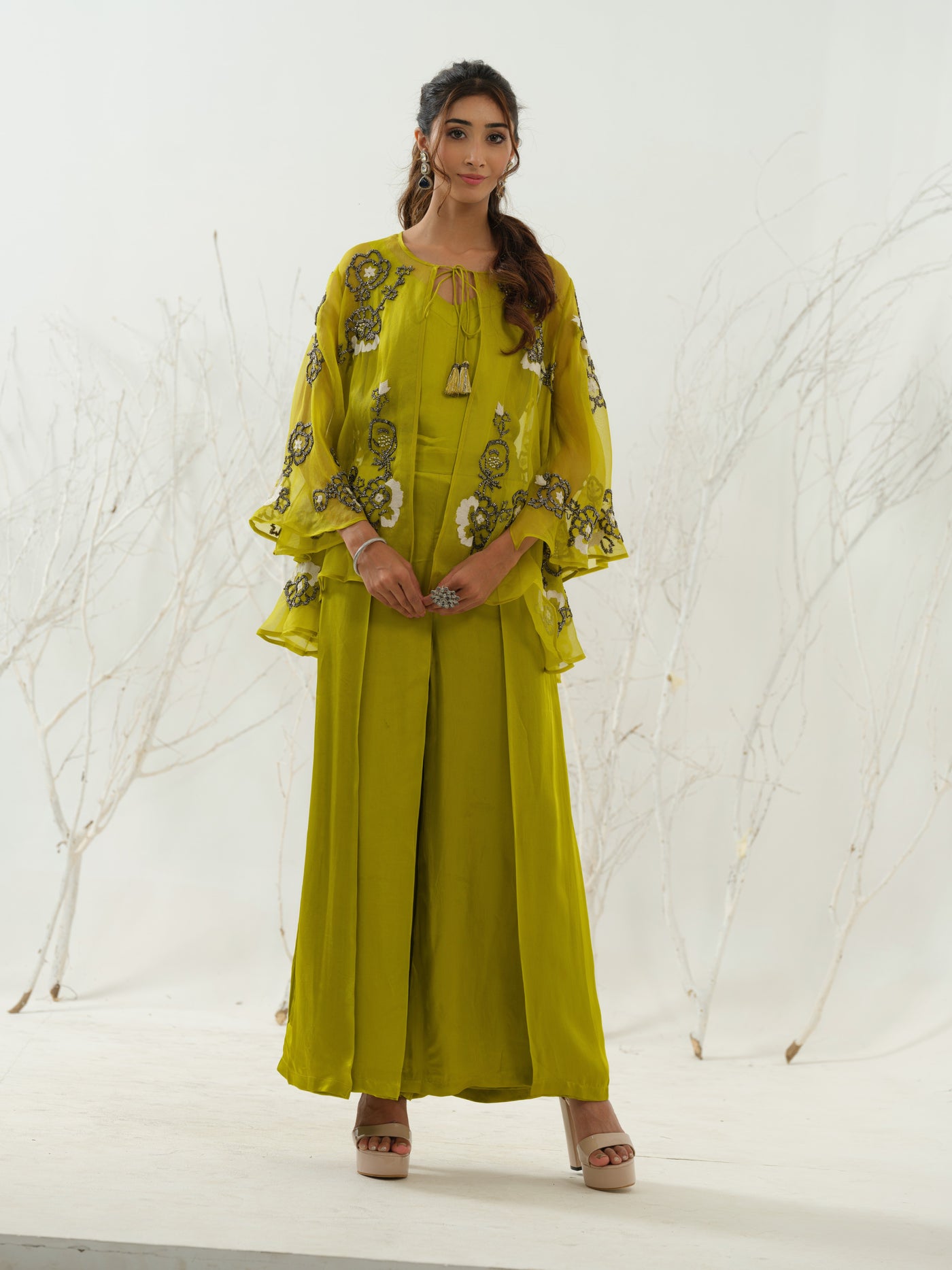 Lime Green Embroidered Cape Co Ord Set