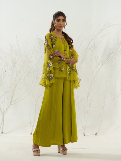 Lime Green Embroidered Cape Co Ord Set