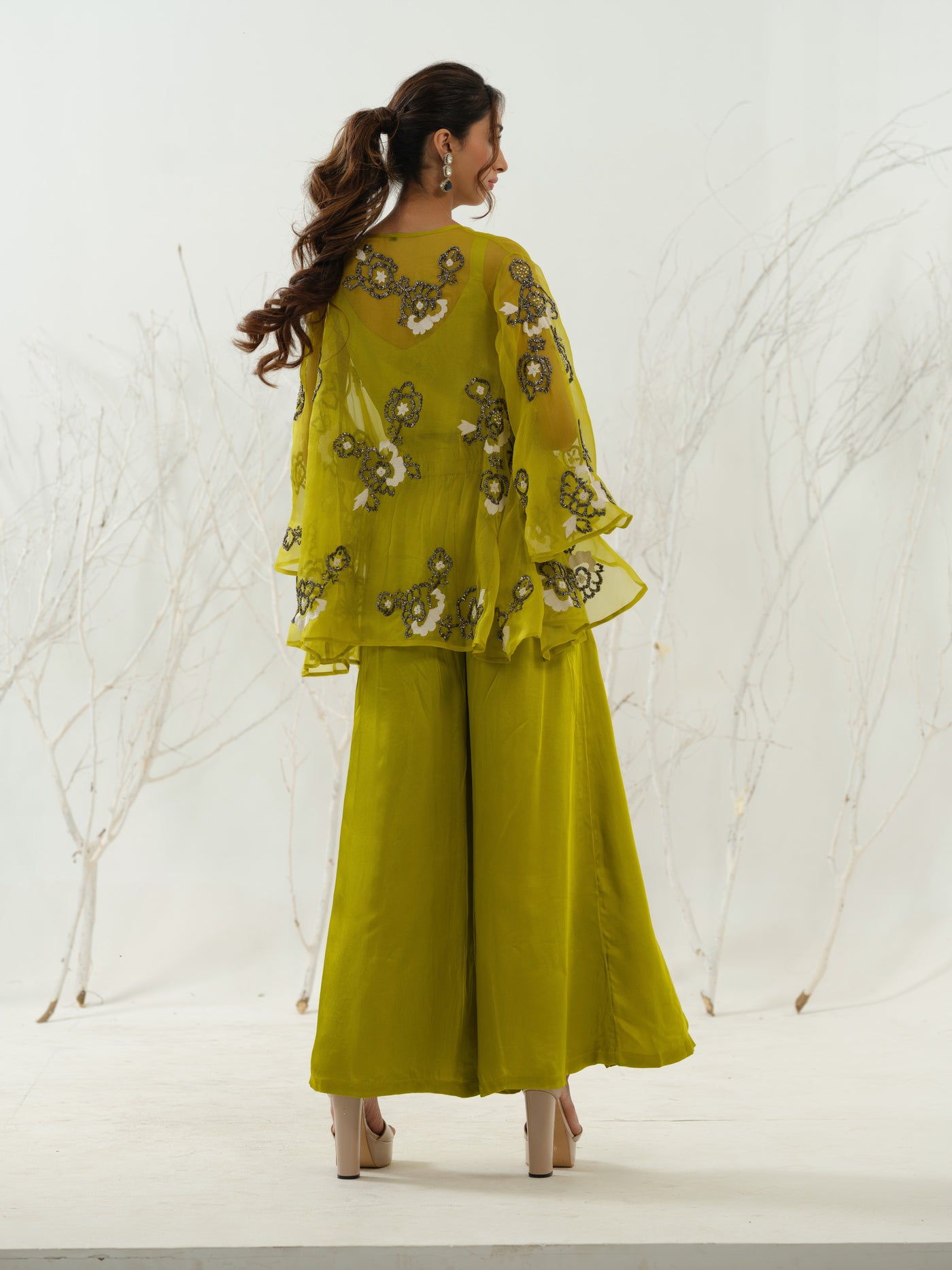 Lime Green Embroidered Cape Co Ord Set