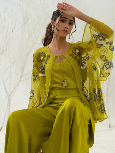 Lime Green Embroidered Cape Co Ord Set