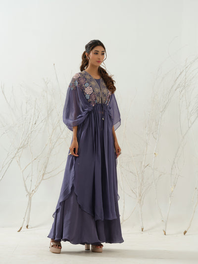 Blue Embroidered Cape Sharara Set