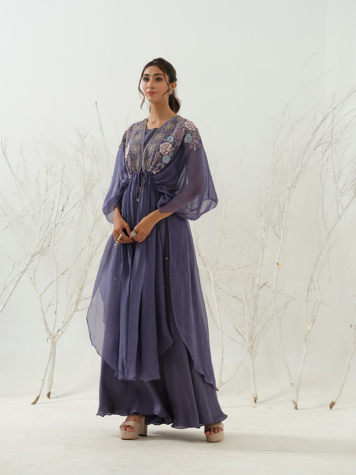 Blue Embroidered Cape Sharara Set