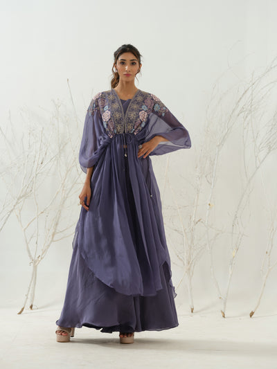 Blue Embroidered Cape Sharara Set