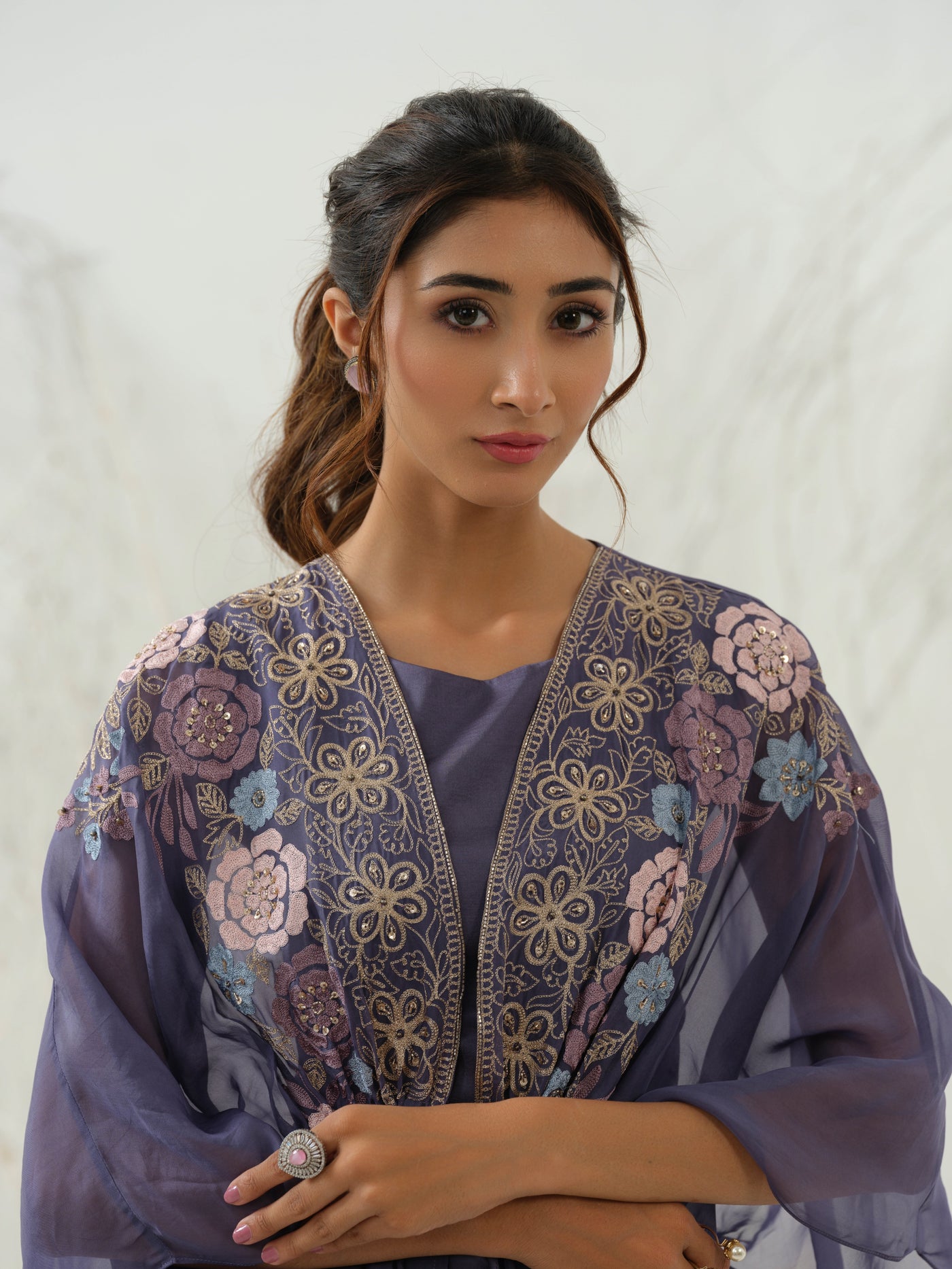 Blue Embroidered Cape Sharara Set