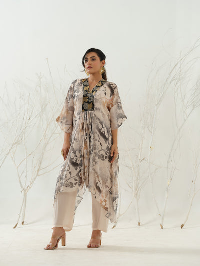 Beige Black Embroidered Sequence Neck Printed Kaftan