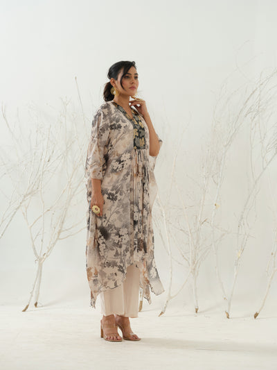 Beige Black Embroidered Sequence Neck Printed Kaftan